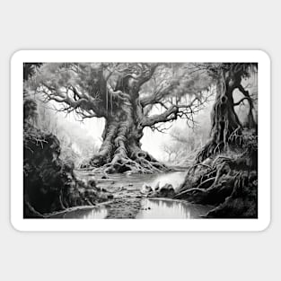 Ancient Tree Landscape Nature Adventure Ink Sketch Style Sticker